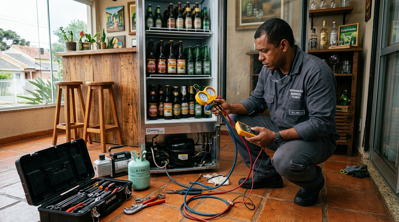 Profissional executando reparo no motor de cervejeira no Jardim Alexandre Balbo, Ribeirão Preto‑SP