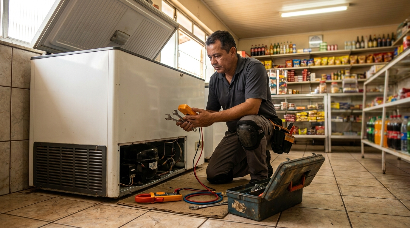 Profissional executando manutenção no motor de freezer no Condomínio Figueira Branca, Ribeirão Preto‑SP