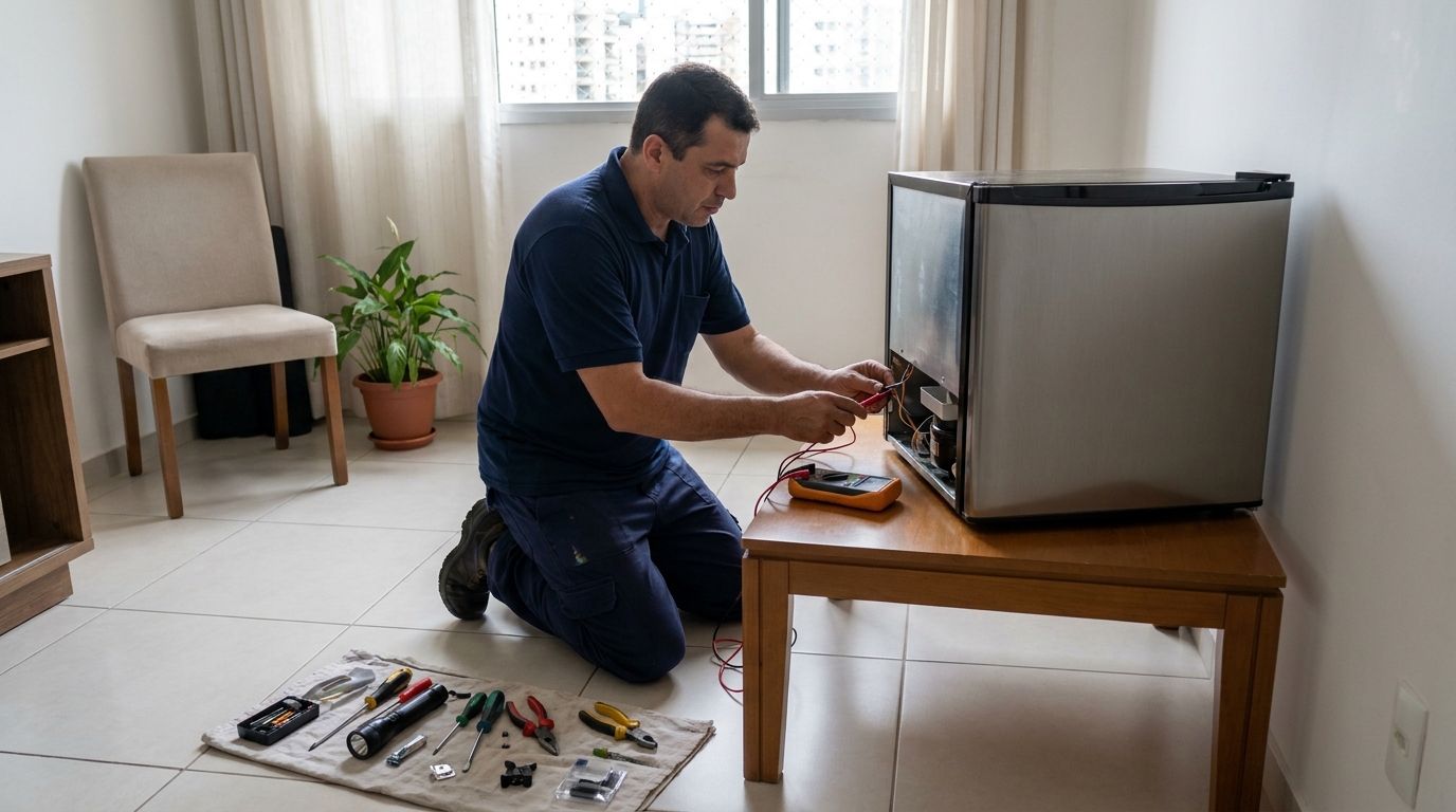 Técnico fazendo manutenção do motor de frigobar no Jardim Joaquim Procópio de Araújo Ferraz, Ribeirão Preto‑SP
