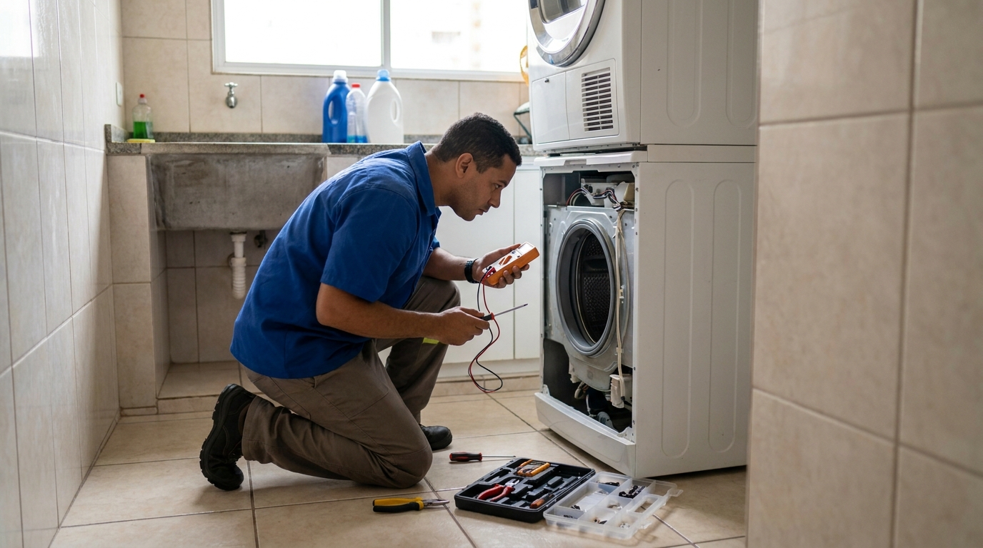 Profissional fazendo manutenção do motor de lava e seca no Condomínio Residencial Pau Brasil, Ribeirão Preto‑SP