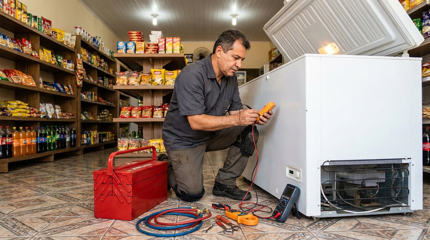 Recarga de gás refrigerante no freezer durante atendimento no Condomínio Figueira Branca, Ribeirão Preto‑SP