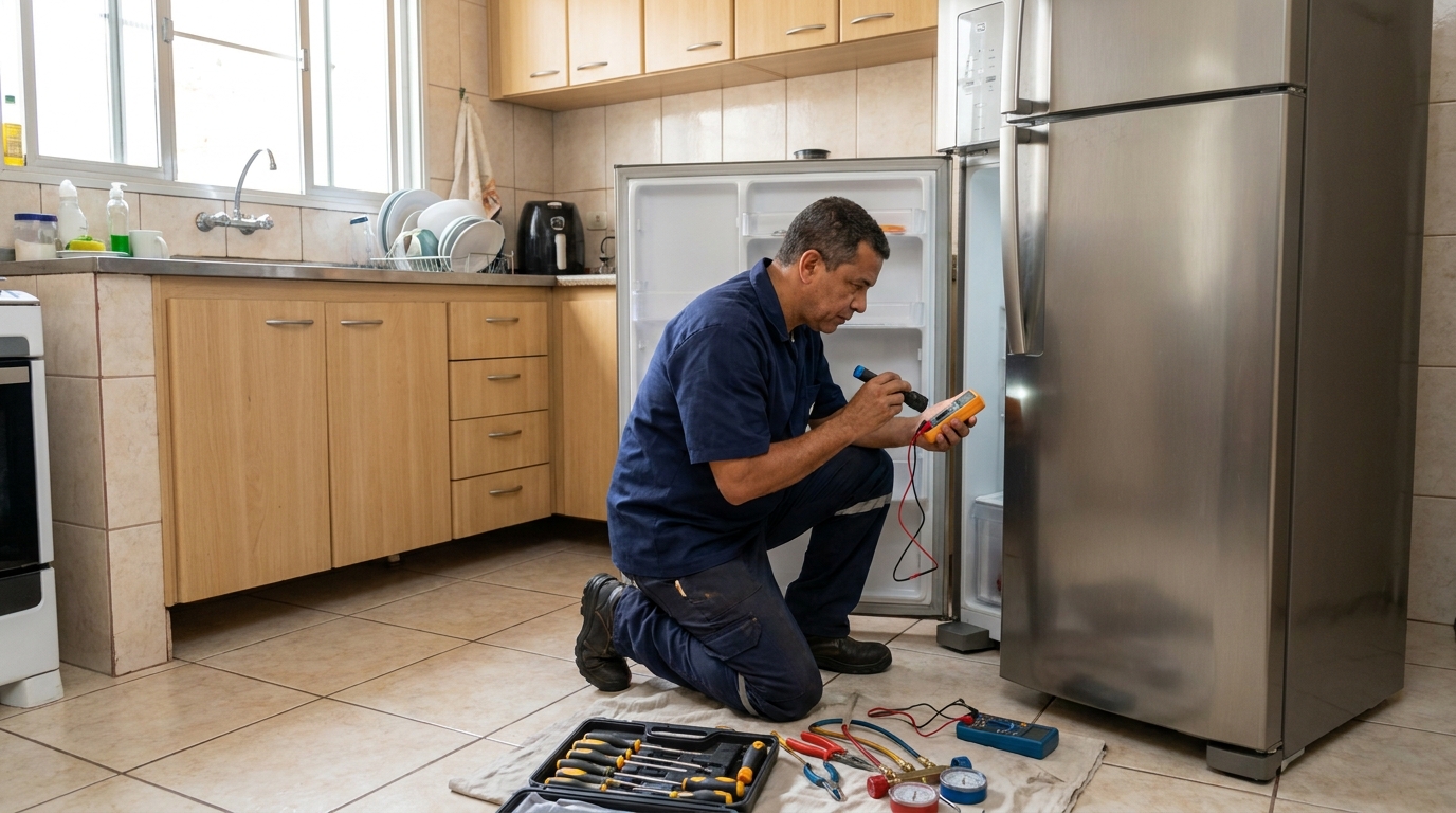 Técnico aplicando recarga de gás refrigerante em geladeira no Jardim Doutor Paulo Gomes Romeo, Ribeirão Preto‑SP