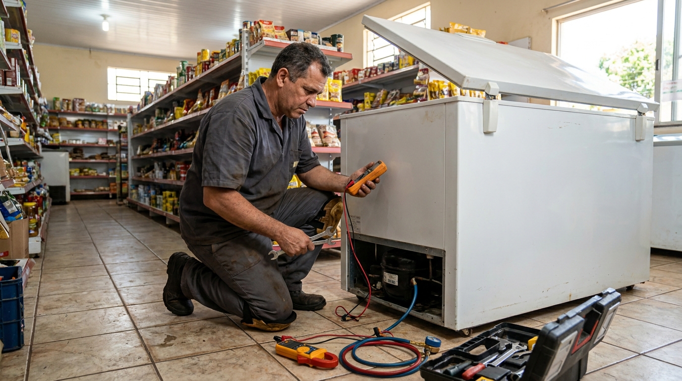 Substituição de termostato de freezer em visita técnica no Condomínio Figueira Branca, Ribeirão Preto‑SP